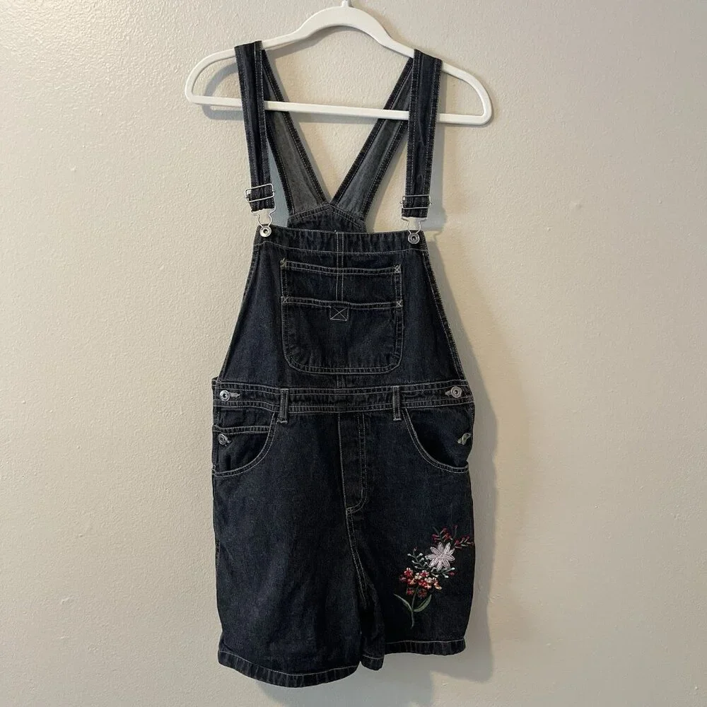 Vtg Denim Overall Shorts Black Grey Embroidered Y2K Kid Core Grunge‎ Goth 90s